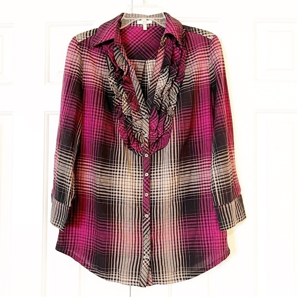 Joie "Fara" black, white, pink plaid button down flannel ruffle blouse. Small